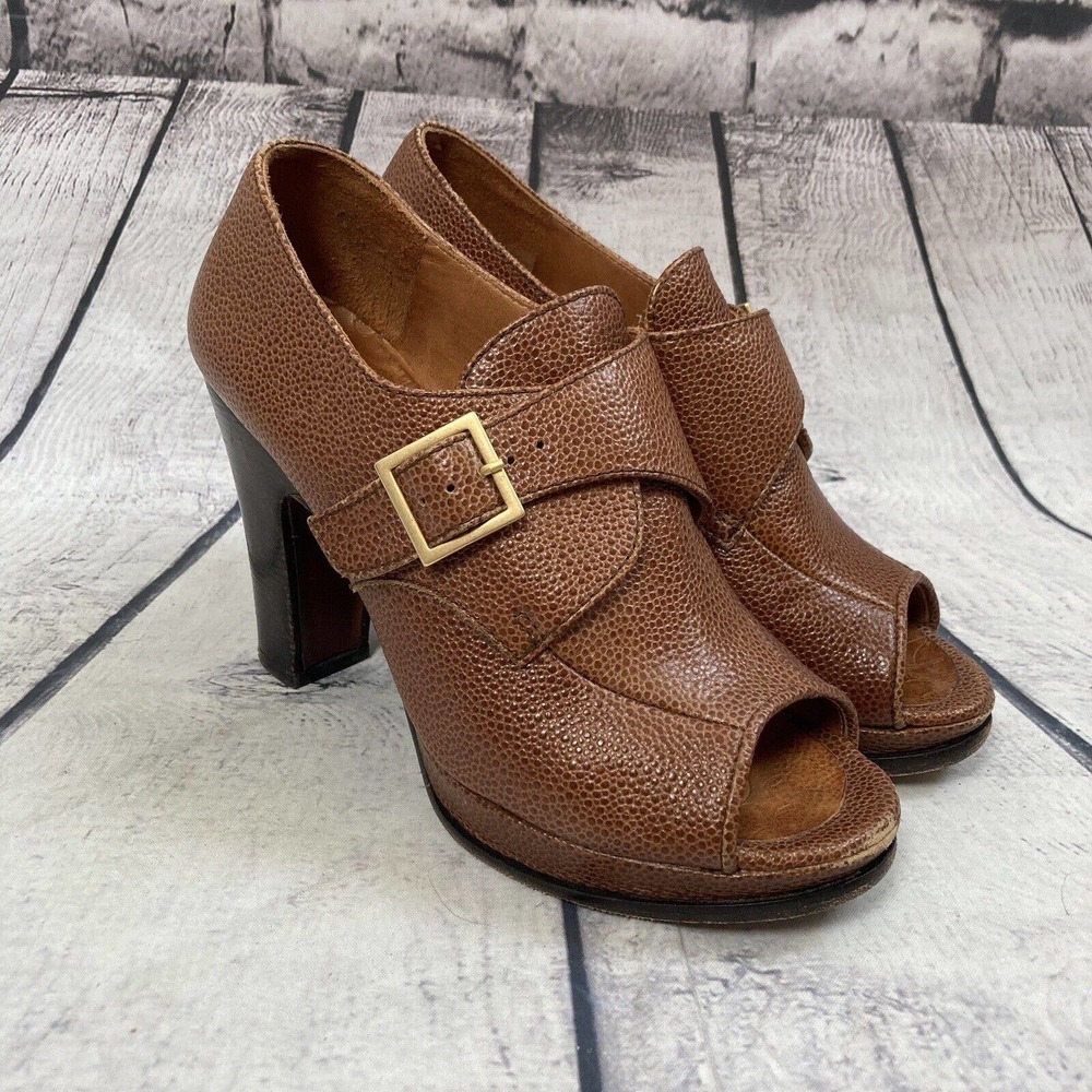 Anthropologie Chic Mihara Shoes Womens‎ Size 6.5 Cocodrilo Leather Peep Toe Pump